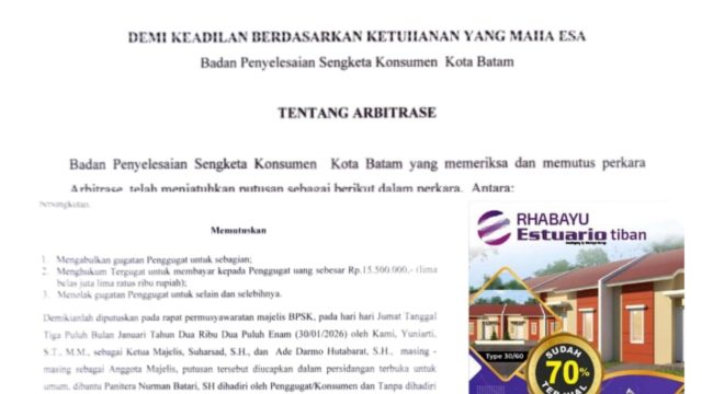 Polemik Lanjutan Terkait Ketentuan Rumah Subsidi, Developer Rhabayu Estuario Digugat Konsumen hingga Menang di BPSK