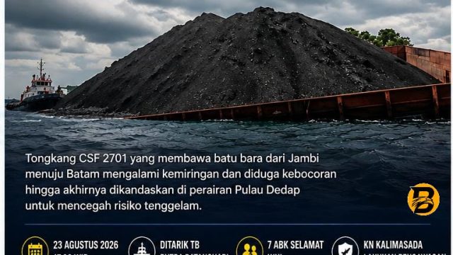 Tongkang CSF 2701 Bermuatan 5.323 Ton Batu Bara Kandas di Pulau Dedap, KN Kalimasada Lakukan Pengawasan